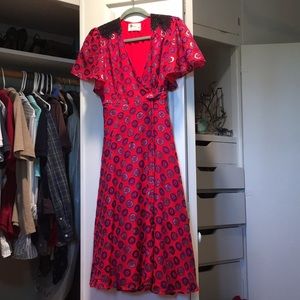 Red and purple wrap dress.